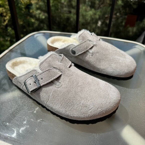 New Birkenstock Boston Shearling Clogs Suede Shoes in Stone Coin US 7 / EUR 38 - Picture 10 of 13